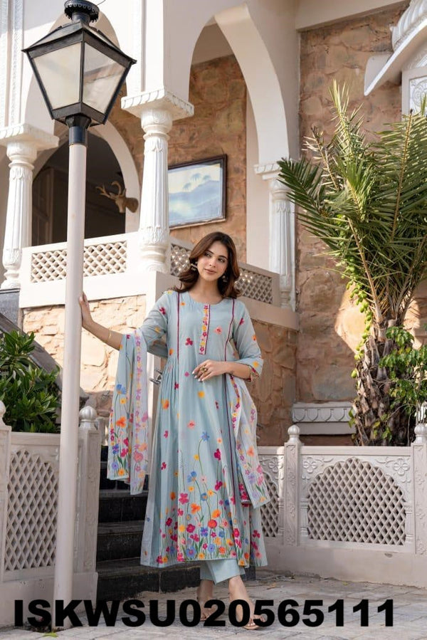 Embroidered Malmal Cotton Anarkali Kurti With Pant And Dupatta-ISKWSU020565111