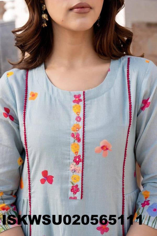 Embroidered Malmal Cotton Anarkali Kurti With Pant And Dupatta-ISKWSU020565111