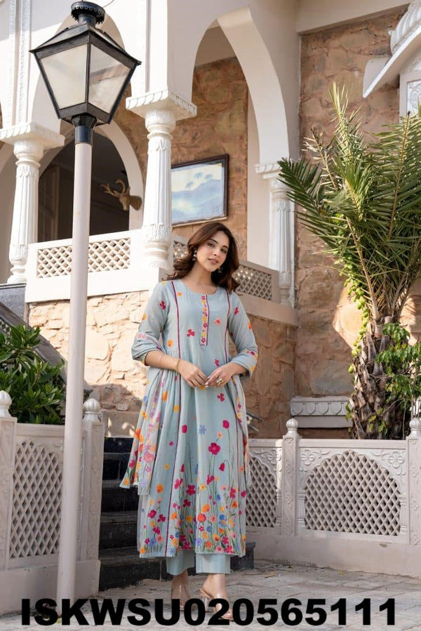 Embroidered Malmal Cotton Anarkali Kurti With Pant And Dupatta-ISKWSU020565111
