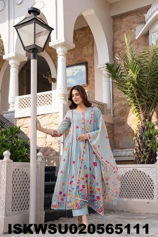 Embroidered Malmal Cotton Anarkali Kurti With Pant And Dupatta-ISKWSU020565111