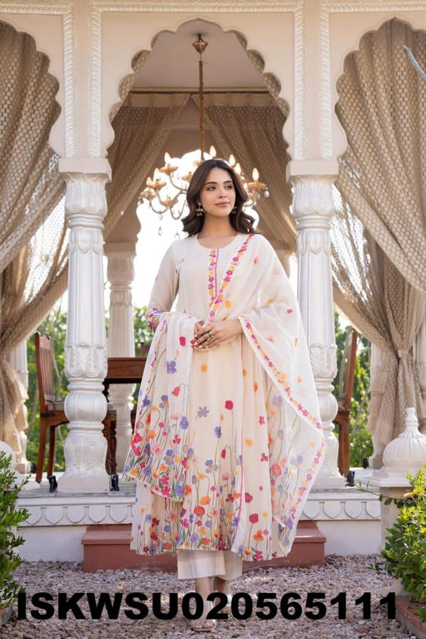 Embroidered Malmal Cotton Anarkali Kurti With Pant And Dupatta-ISKWSU020565111