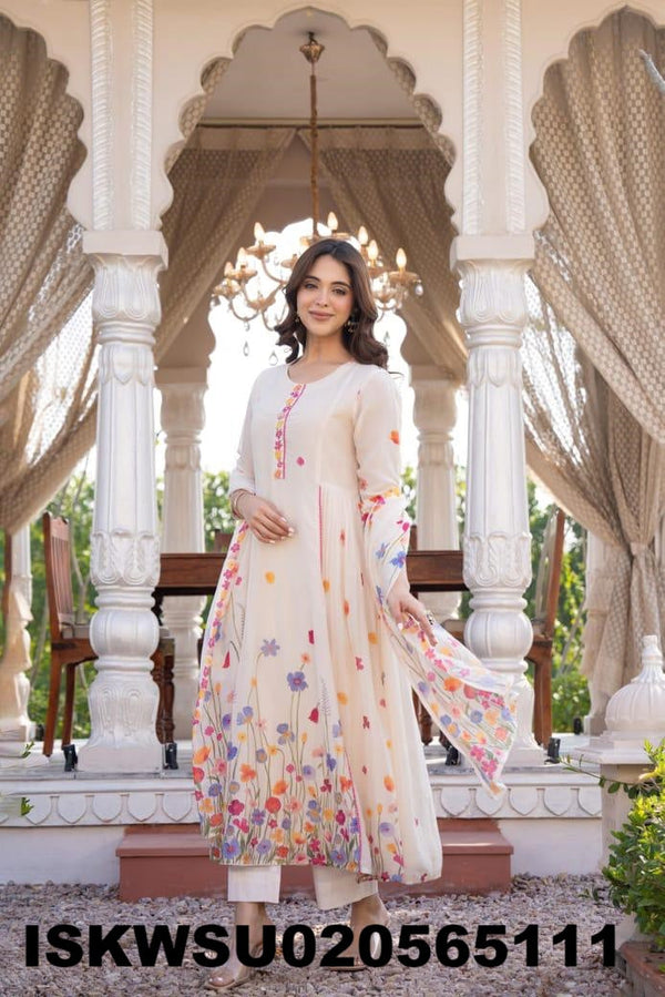 Embroidered Malmal Cotton Anarkali Kurti With Pant And Dupatta-ISKWSU020565111
