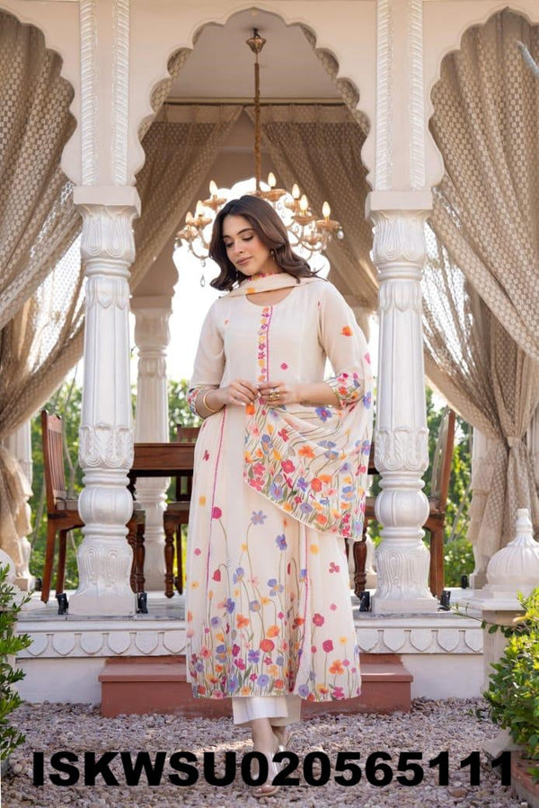 Embroidered Malmal Cotton Anarkali Kurti With Pant And Dupatta-ISKWSU020565111