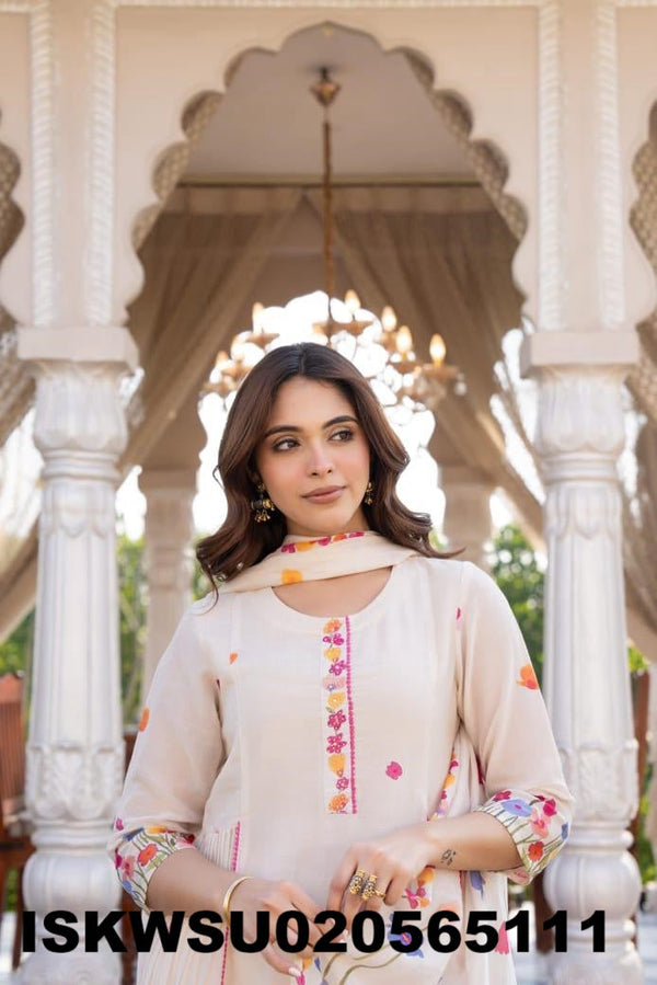 Embroidered Malmal Cotton Anarkali Kurti With Pant And Dupatta-ISKWSU020565111