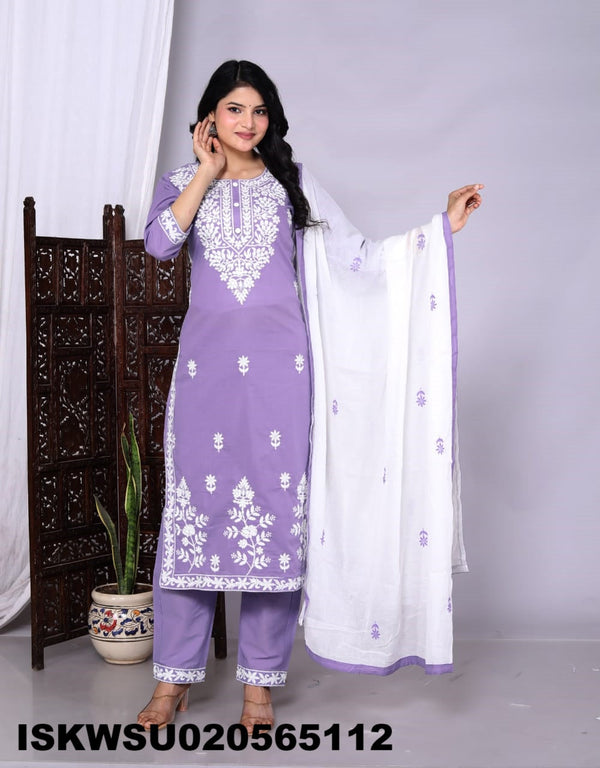 Embroidered Cotton Kurti With Pant And Dupatta-ISKWSU020565112