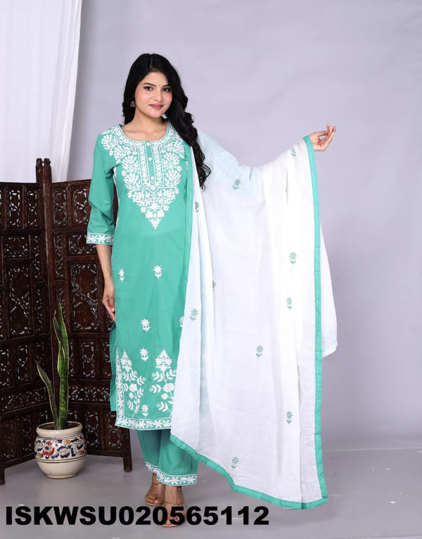 Embroidered Cotton Kurti With Pant And Dupatta-ISKWSU020565112