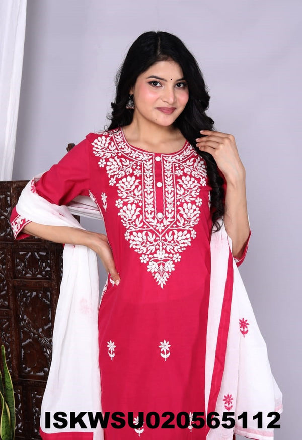 Embroidered Cotton Kurti With Pant And Dupatta-ISKWSU020565112
