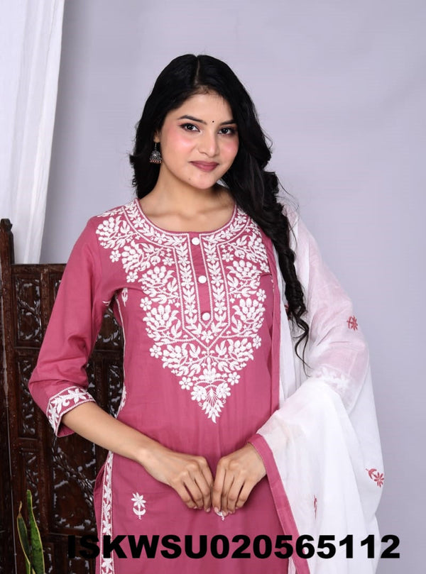 Embroidered Cotton Kurti With Pant And Dupatta-ISKWSU020565112