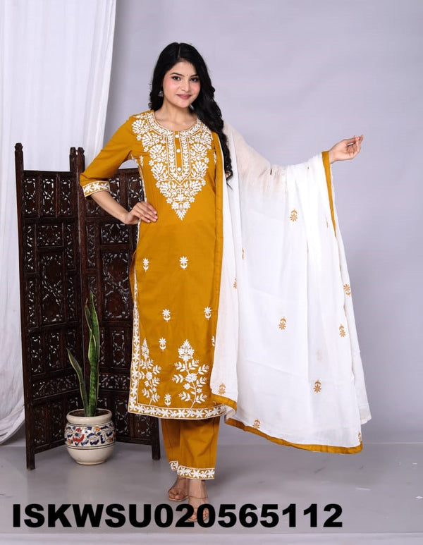 Embroidered Cotton Kurti With Pant And Dupatta-ISKWSU020565112