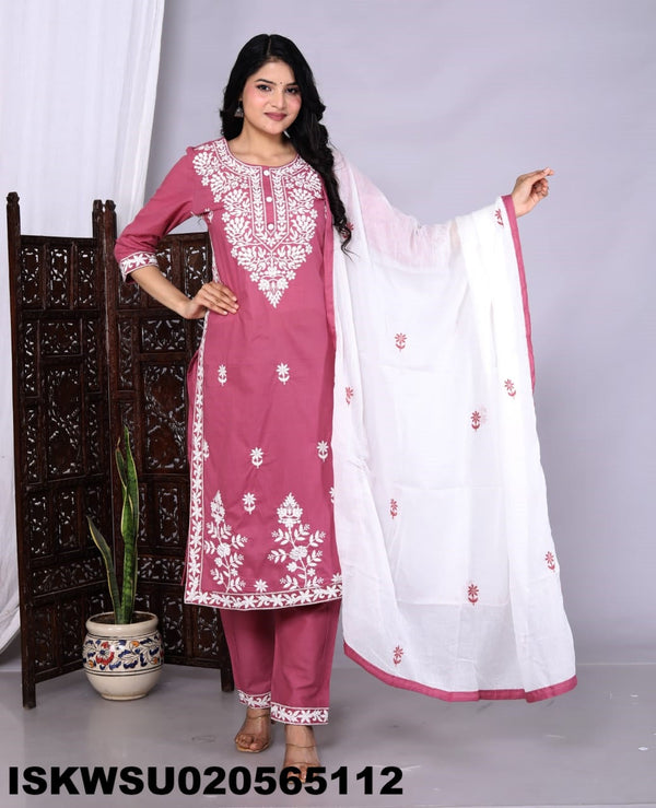 Embroidered Cotton Kurti With Pant And Dupatta-ISKWSU020565112