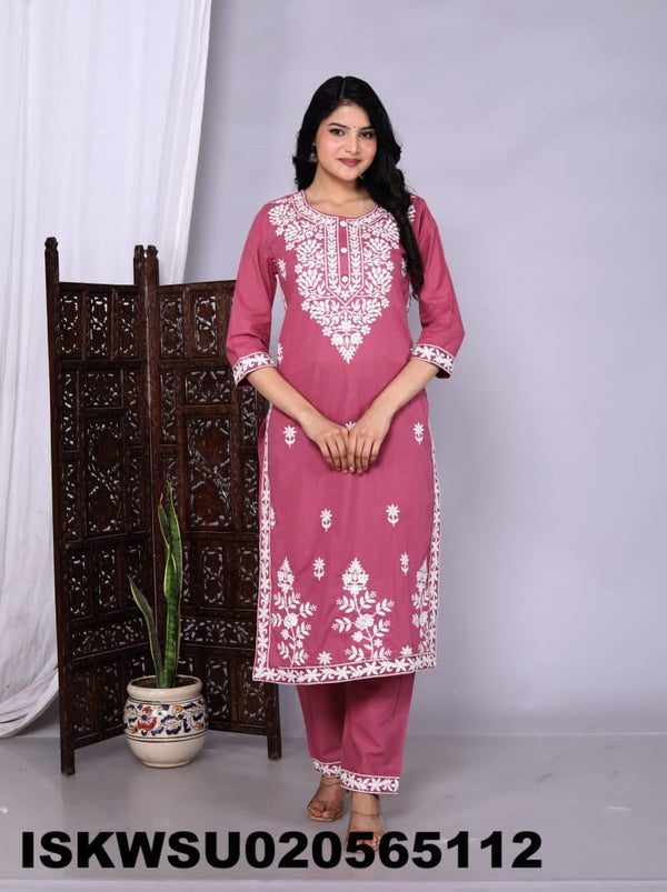 Embroidered Cotton Kurti With Pant And Dupatta-ISKWSU020565112