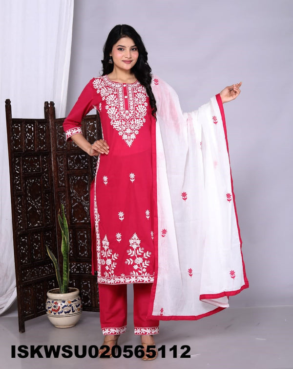 Embroidered Cotton Kurti With Pant And Dupatta-ISKWSU020565112