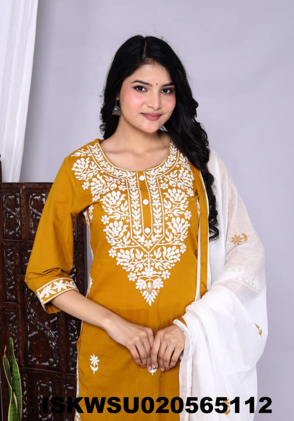 Embroidered Cotton Kurti With Pant And Dupatta-ISKWSU020565112
