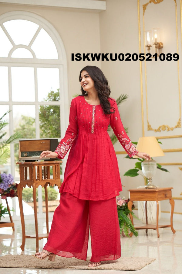 Embroidered Malmal Chanderi Kurti With Palazzo-ISKWKU020521089