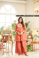 Embroidered Malmal Chanderi Kurti With Palazzo-ISKWKU020521089