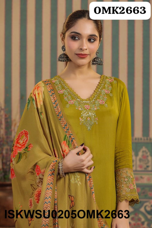 Embroidered Chinon Kurti With Pant And Digital Printed Dupatta-ISKWSU0205OMK2663