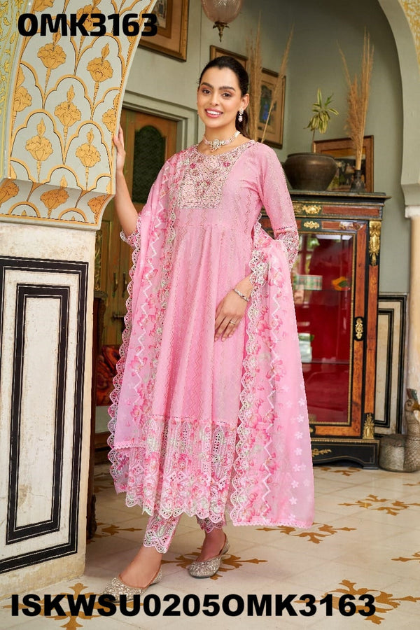 Embroidered Dobby Cotton Anarkali Kurti With Pant And Dupatta-ISKWSU0205OMK3163