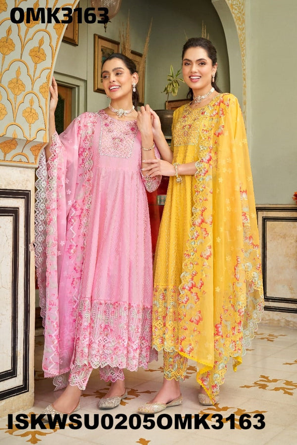 Embroidered Dobby Cotton Anarkali Kurti With Pant And Dupatta-ISKWSU0205OMK3163