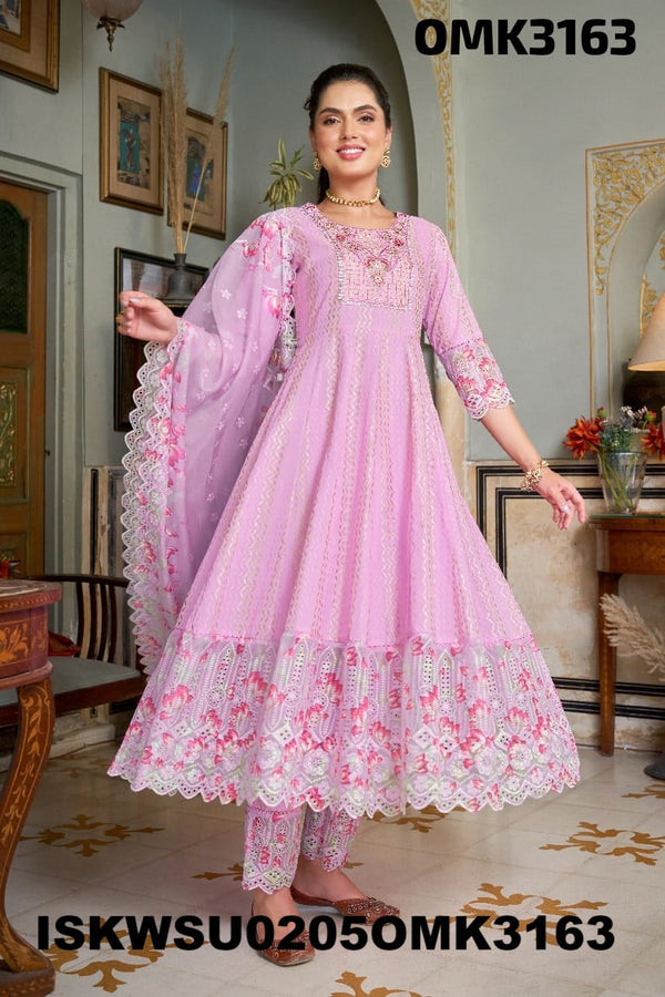 Embroidered Dobby Cotton Anarkali Kurti With Pant And Dupatta-ISKWSU0205OMK3163