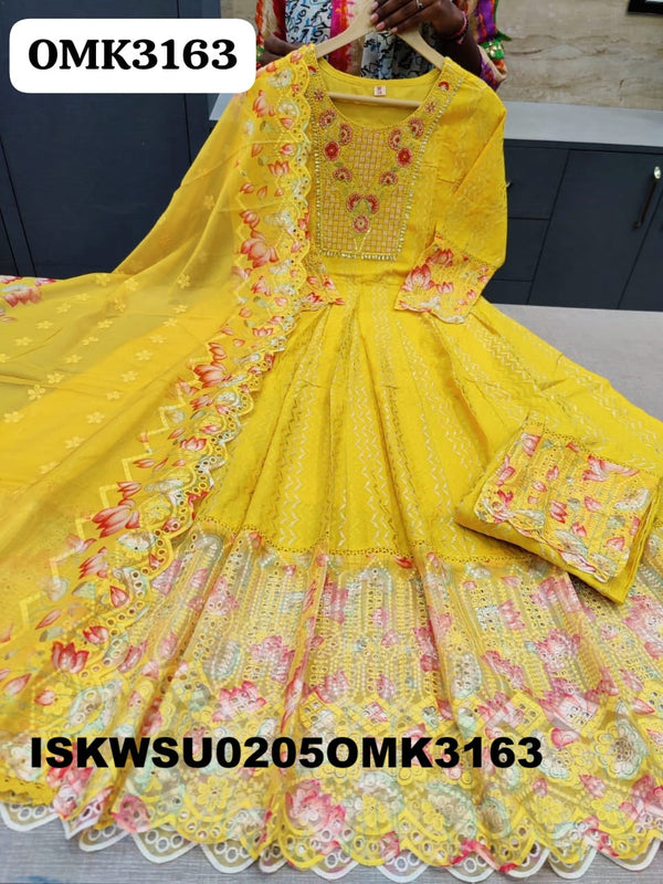 Embroidered Dobby Cotton Anarkali Kurti With Pant And Dupatta-ISKWSU0205OMK3163
