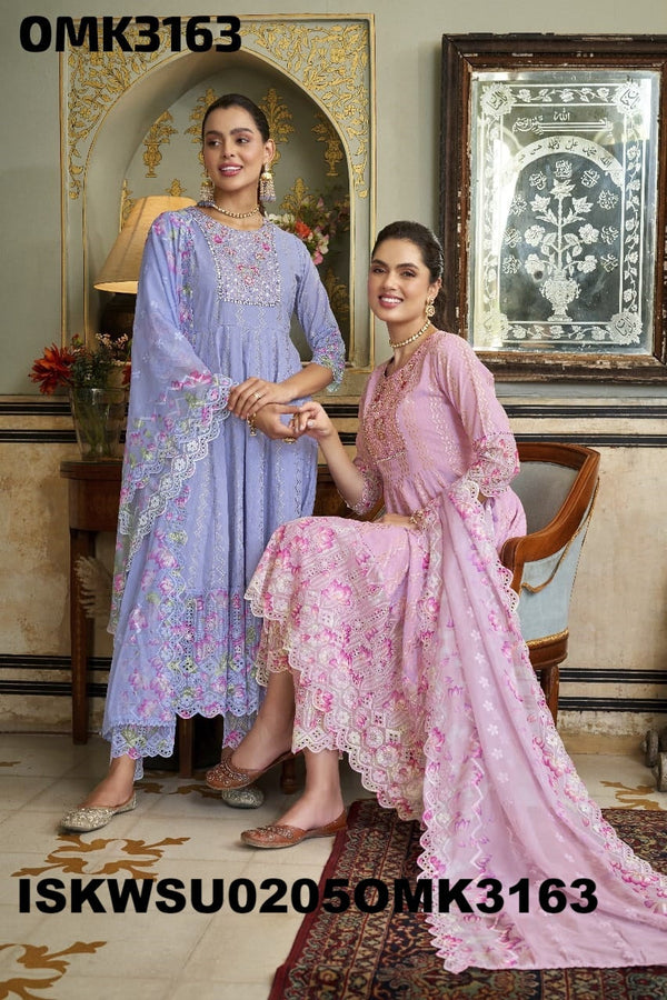 Embroidered Dobby Cotton Anarkali Kurti With Pant And Dupatta-ISKWSU0205OMK3163