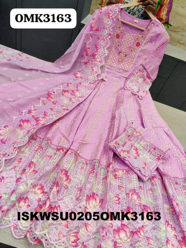 Embroidered Dobby Cotton Anarkali Kurti With Pant And Dupatta-ISKWSU0205OMK3163