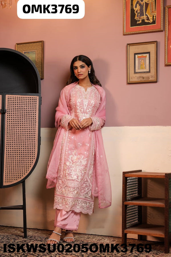 Embroidered Organza Kurti With Shantoon Pant And Dupatta-ISKWSU0205OMK3769