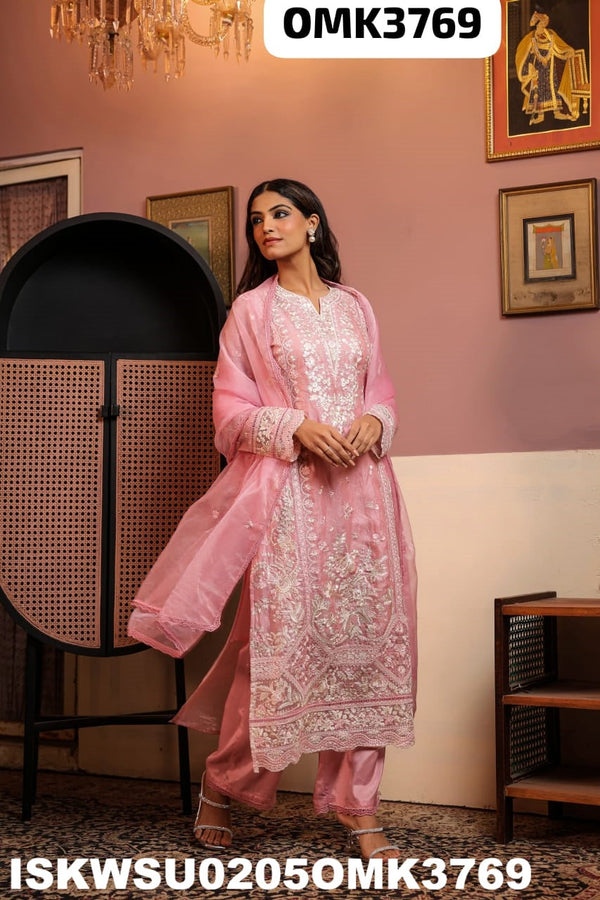 Embroidered Organza Kurti With Shantoon Pant And Dupatta-ISKWSU0205OMK3769