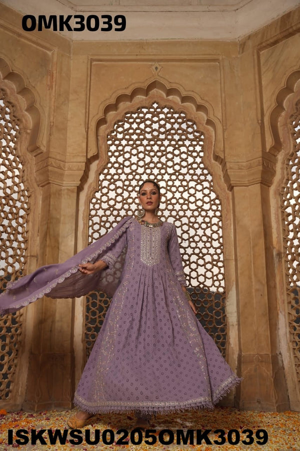 Embroidered Cotton Schiffli Anarkali Kurti With Cotton Pant And Dupatta-ISKWSU0205OMK3039
