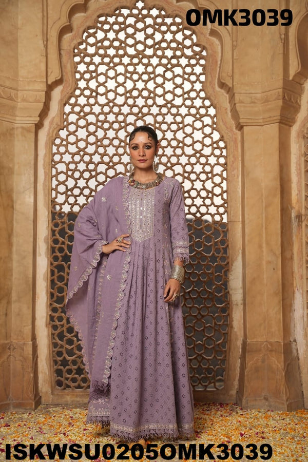 Embroidered Cotton Schiffli Anarkali Kurti With Cotton Pant And Dupatta-ISKWSU0205OMK3039