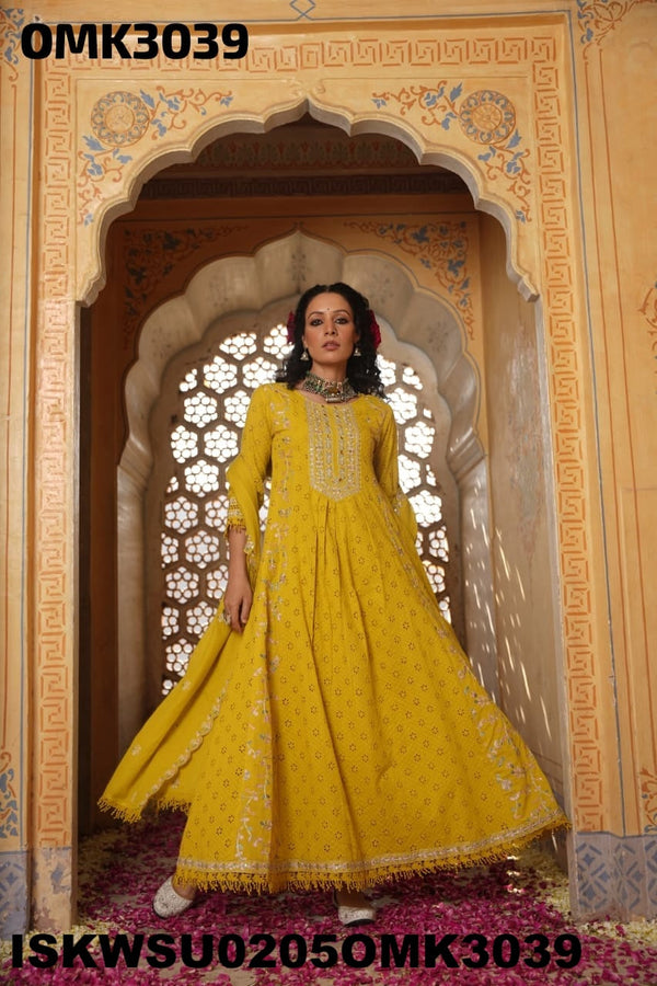 Embroidered Cotton Schiffli Anarkali Kurti With Cotton Pant And Dupatta-ISKWSU0205OMK3039