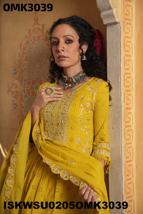 Embroidered Cotton Schiffli Anarkali Kurti With Cotton Pant And Dupatta-ISKWSU0205OMK3039