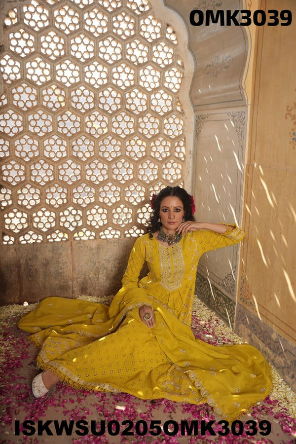 Embroidered Cotton Schiffli Anarkali Kurti With Cotton Pant And Dupatta-ISKWSU0205OMK3039