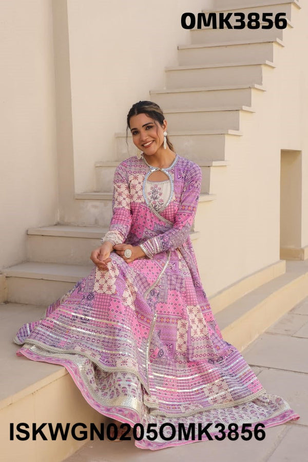Printed Cotton Kurti Attached With Gown-ISKWGN0205OMK3856