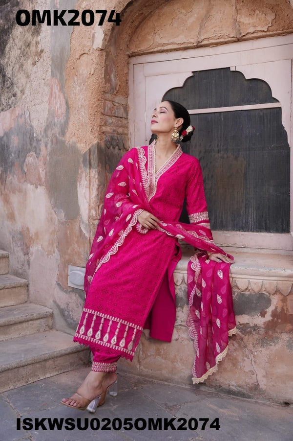 Embroidered Rayon Schiffli Naira Cut Kurti With Harem Pant And Dupatta-ISKWSU0205OMK2074