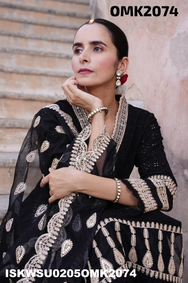 Embroidered Rayon Schiffli Naira Cut Kurti With Harem Pant And Dupatta-ISKWSU0205OMK2074