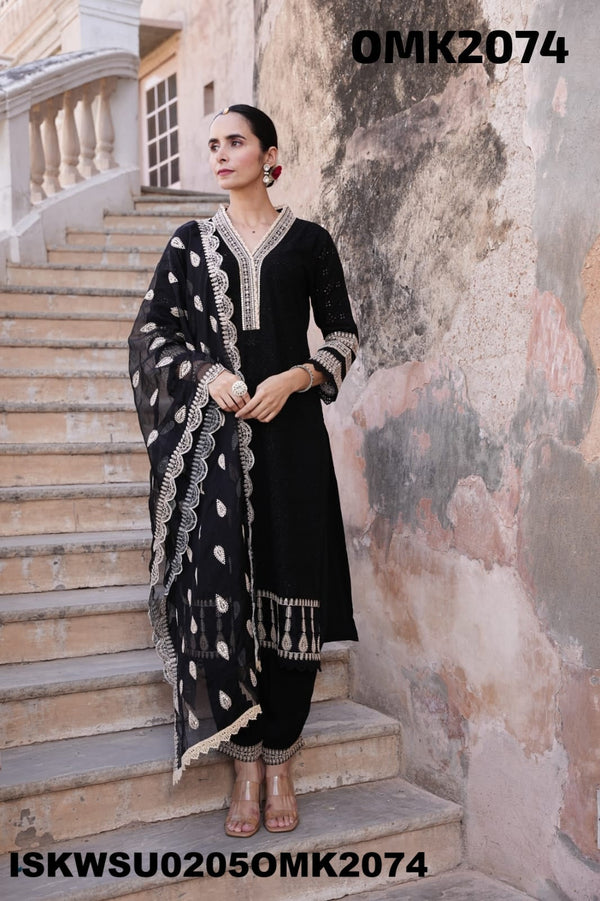 Embroidered Rayon Schiffli Naira Cut Kurti With Harem Pant And Dupatta-ISKWSU0205OMK2074