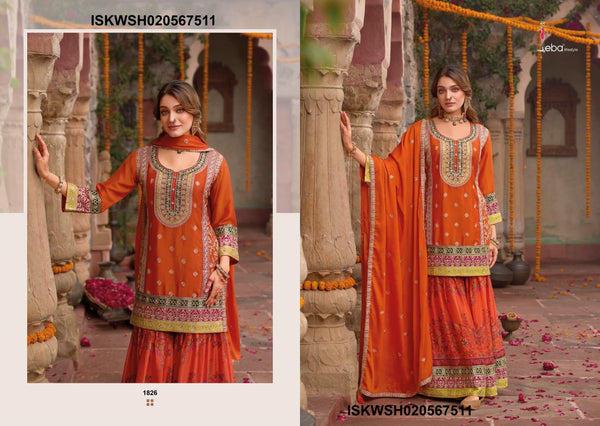 Embordered Chinon Kurti With Digital Printed Sharara And Dupatta-ISKWSH020567511