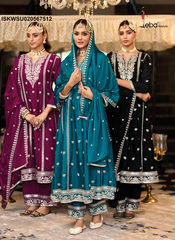 Embordered Chinon Kurti With Pant And Dupatta-ISKWSU020567512