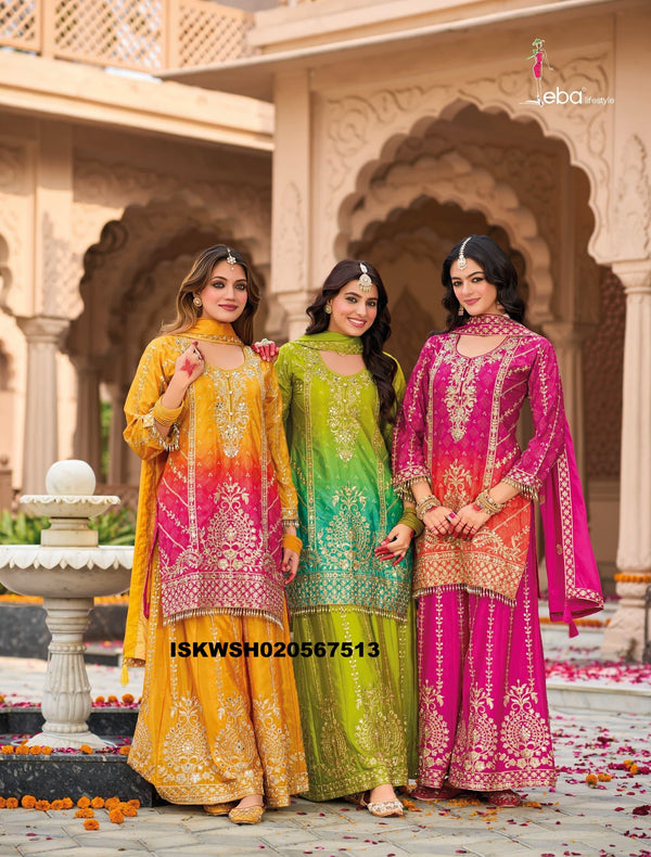 Embroidered Chinon Kurti With Sharara And Dupatta-ISKWSH020567513