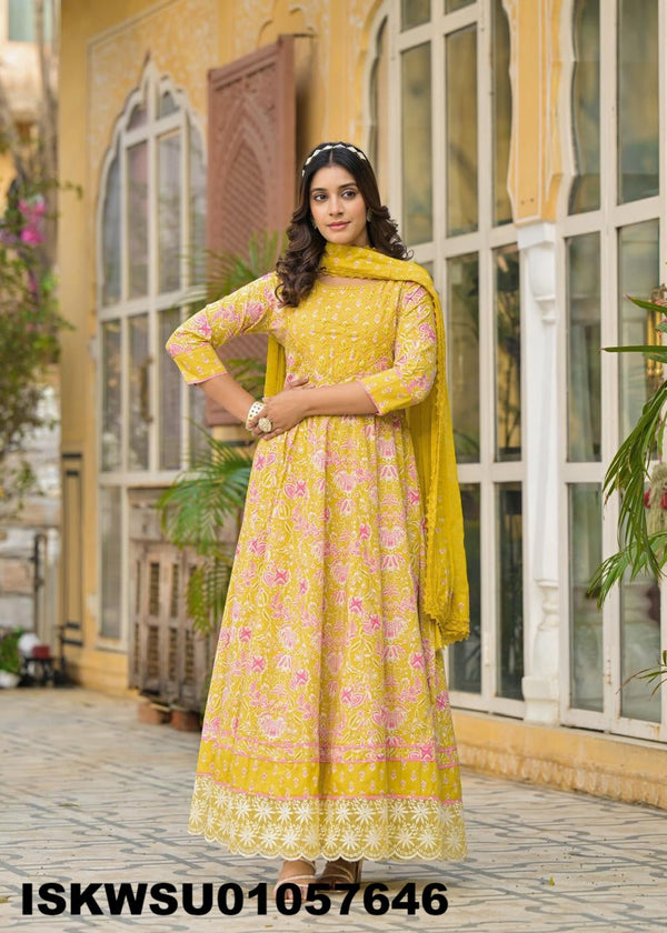 Printed Cotton Anarkali Kurti With Pant And Dupatta-ISKWSU01057646