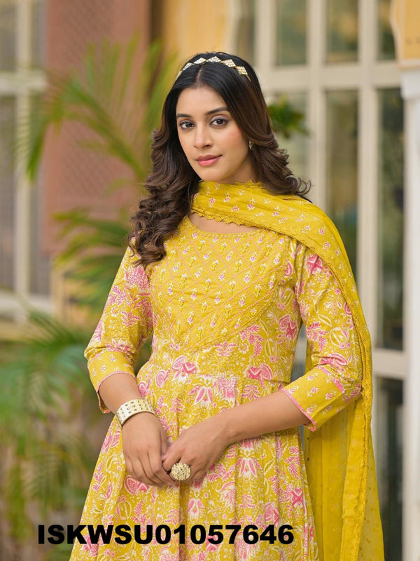Printed Cotton Anarkali Kurti With Pant And Dupatta-ISKWSU01057646