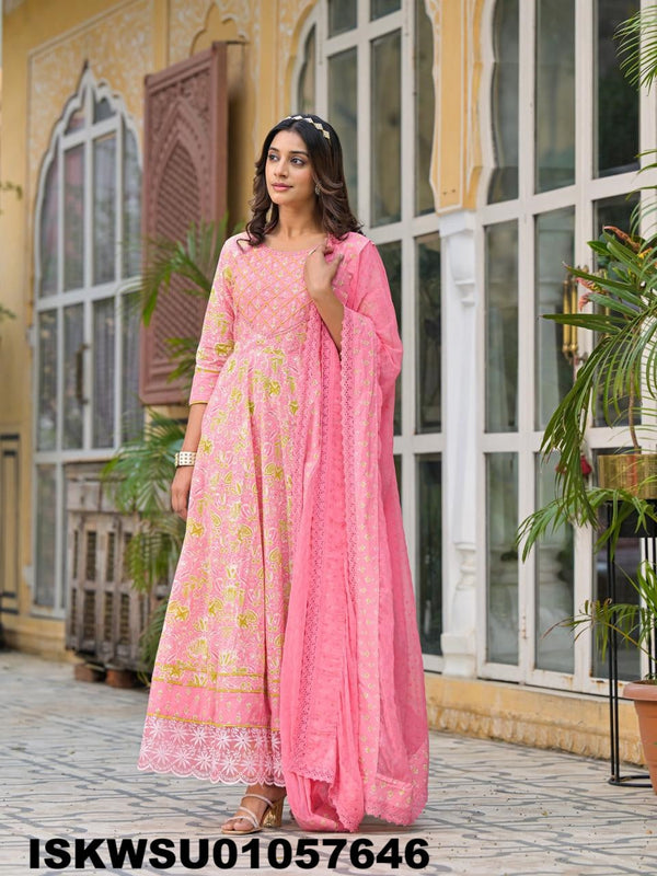 Printed Cotton Anarkali Kurti With Pant And Dupatta-ISKWSU01057646