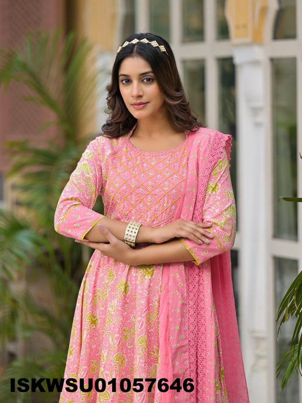Printed Cotton Anarkali Kurti With Pant And Dupatta-ISKWSU01057646