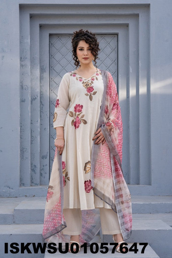 Brush Printed Malmal Cotton Anarkali Kurti With Pant And Dupatta-ISKWSU01057647