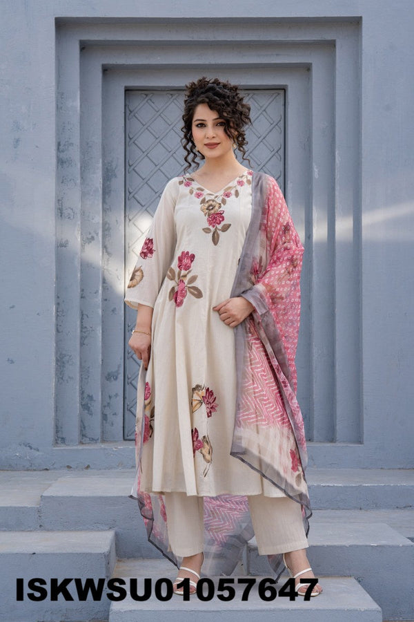 Brush Printed Malmal Cotton Anarkali Kurti With Pant And Dupatta-ISKWSU01057647