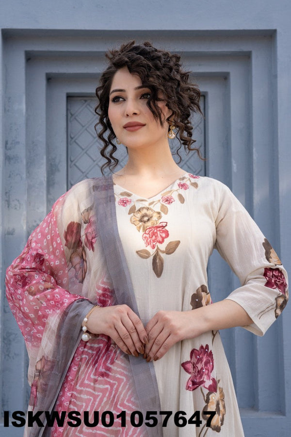 Brush Printed Malmal Cotton Anarkali Kurti With Pant And Dupatta-ISKWSU01057647