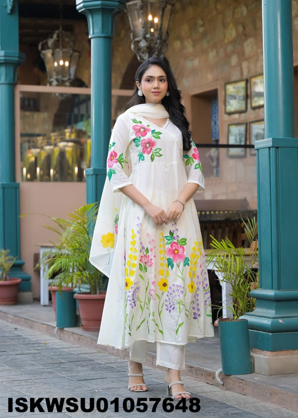 Brush Printed Cotton Kurti With Pant And Dupatta-ISKWSU01057648