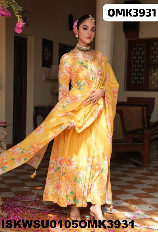 Floral Printed Cotton Anarkali Kurti With Pant And Dupatta-ISKWSU0105OMK3931