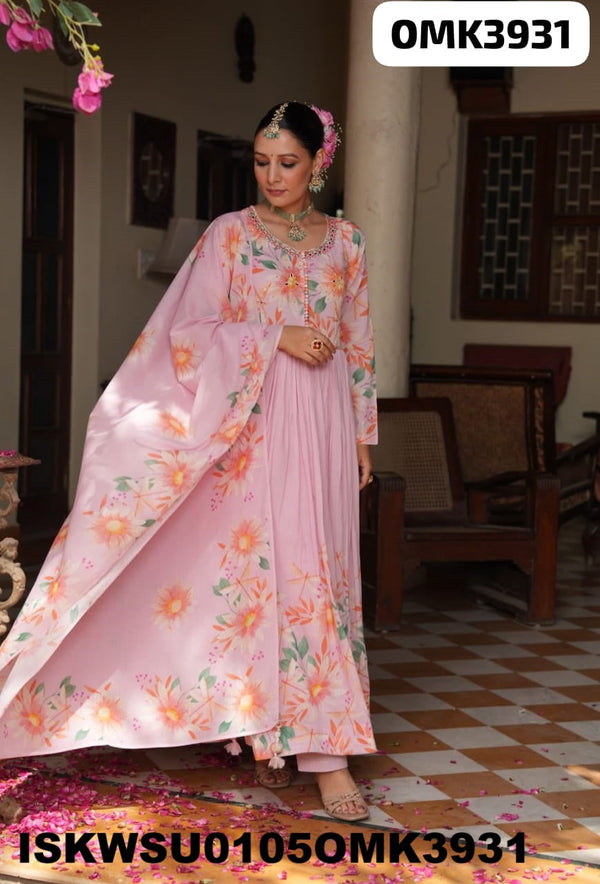 Floral Printed Cotton Anarkali Kurti With Pant And Dupatta-ISKWSU0105OMK3931